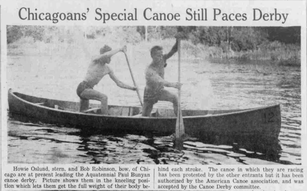 Newsprint photo under a headline of two men stand up in a canoe while holding paddles.